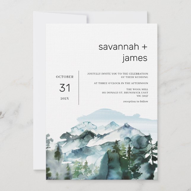 Moderne Berge Pinienbäume Minimalistisch Hochzeit Einladung (Vorderseite)