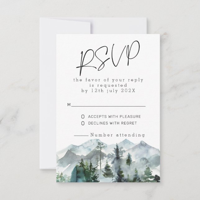 Moderne Berge Wilderness Wedding RSVP Einladung (Vorderseite)
