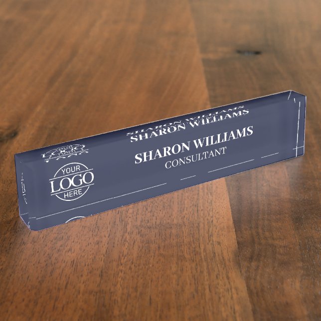 Moderne Berufliche Navy Blue Office Namensplakette (Seite)