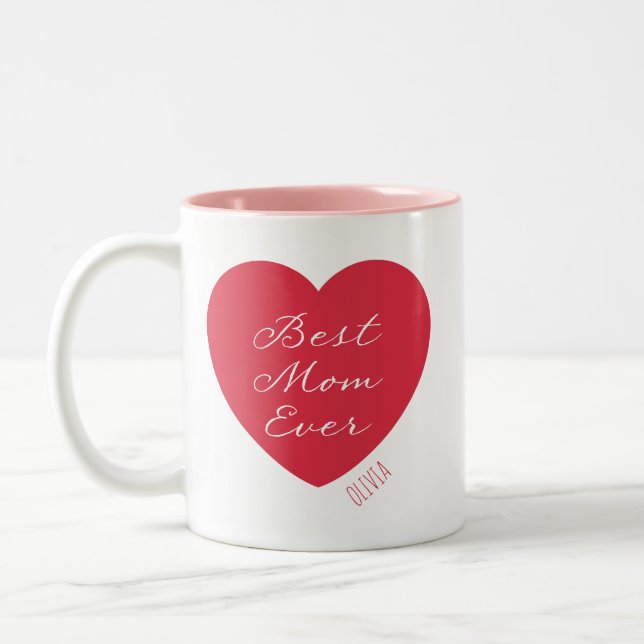 Moderne beste Mama je Herzname | Editierbare Farbe Zweifarbige Tasse (Links)