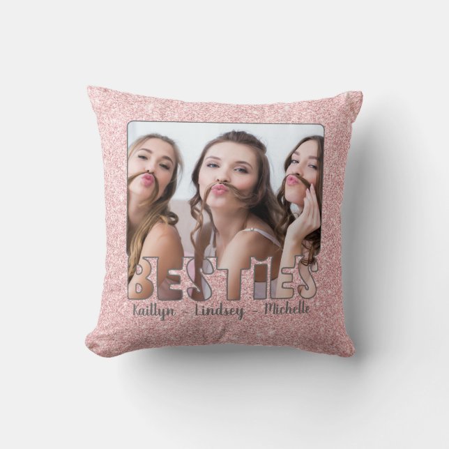 Moderne BESTIES Rose Gold Glitzer Foto Word Kissen (Vorderseite)