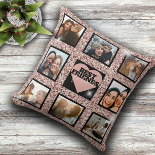 Moderne BFF-Fotocollage Roségold Glitter Herz Kissen