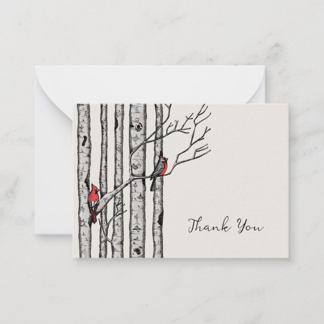 Moderne Birken und Rote Vögel Vielen Dank Mitteilungskarte (Vorderseite)
