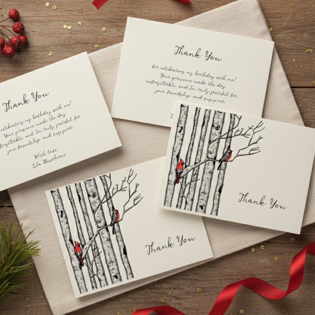 Moderne Birken und Rote Vögel Vielen Dank Mitteilungskarte (Elegant Red Cardinal Bird in Winter Birch Tree Forest Thank You Note Card for Christmas & Holidays)