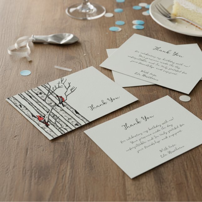 Moderne Birken und Rote Vögel Vielen Dank Mitteilungskarte (Elegant Red Cardinal Bird in Winter Birch Tree Forest Thank You Note Card for Christmas & Holidays)