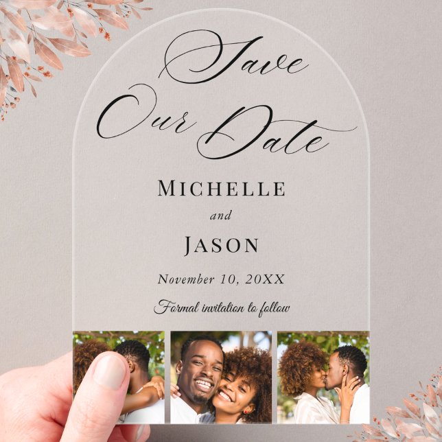 Moderne Black 3 Foto Strip Wedding Save the Date Acryleinladungen (Von Creator hochgeladen)