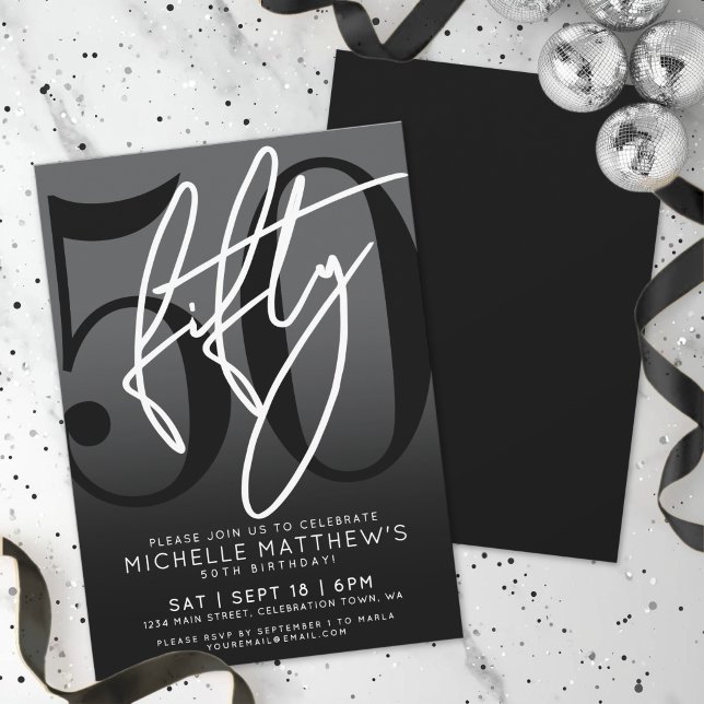 Moderne Black 50. Geburtstagsparty Einladung (Modern Black 50th Birthday Party Invitation)