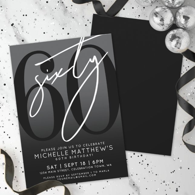 Moderne Black 60. Geburtstagsparty Einladung (Modern Black 60th Birthday Party Invitation)