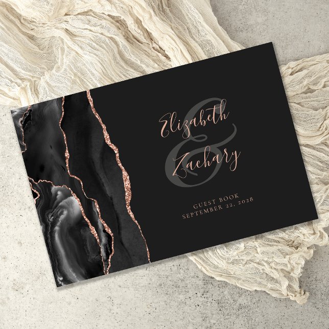 Moderne Black Agate Rose Gold Script Dark Gästebuch (Von Creator hochgeladen)