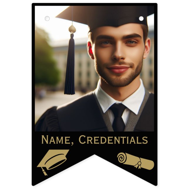 Moderne Black and Gold 16-Foto Grad Cap, Diploma Wimpelkette (Erste Fahne)