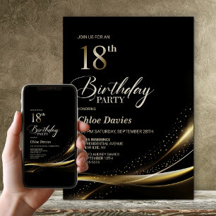 Moderne Black and Gold 18. Geburtstagsparty Einladung