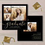 Moderne Black and Gold 4 Foto Graduation Party Einladung<br><div class="desc">Feiern Sie Ihren Abschluss mit dieser atemberaubenden, modernen Schwarz-Gold 4 Foto Collage Einladungskarte. Das elegante Kalligraphieskript fügt diesem schlichten und minimalistischen Design eine Touch von Eleganz hinzu. Diese doppelseitige Einladung eignet sich perfekt für Absolventen der Highschool und der Uni und zeigt vier Fotos, um Ihre Leistungen zu präsentieren. Machen Sie...</div>