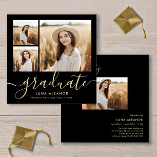 Moderne Black and Gold 4 Foto Graduation Party Einladung