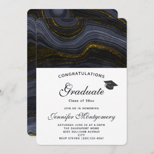 Moderne Black and Gold Agate & Graduation Cap Einladung