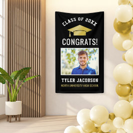 Moderne Black and Gold Foto Graduation Party Banner