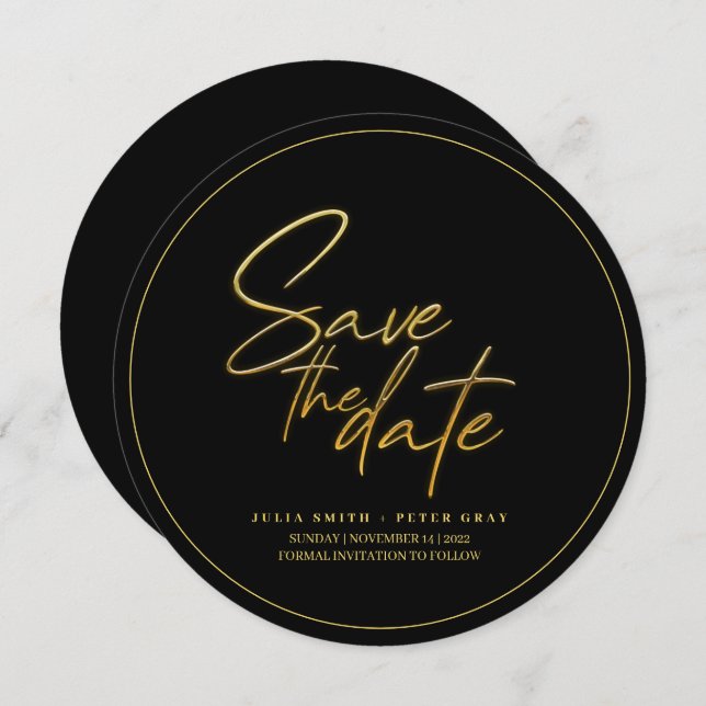 Moderne Black and Gold Round Save the Date Einladung (Vorne/Hinten)