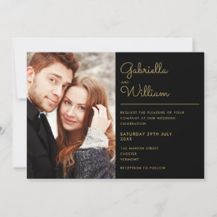 Moderne Black and Gold Script Foto Hochzeit Einladung