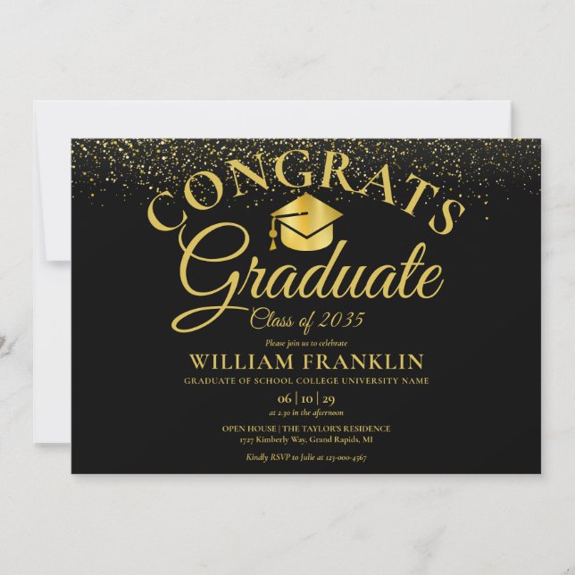Moderne Black and Gold Script Graduation Party Einladung (Vorderseite)