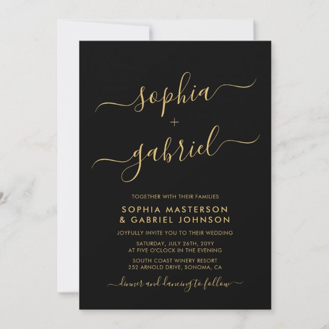 Moderne Black and Gold Script Monogram Wedding Einladung (Vorderseite)