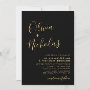 Moderne Black and Gold Script Monogram Wedding Einladung