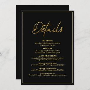 Moderne Black and Gold Wedding Details Card Einladung