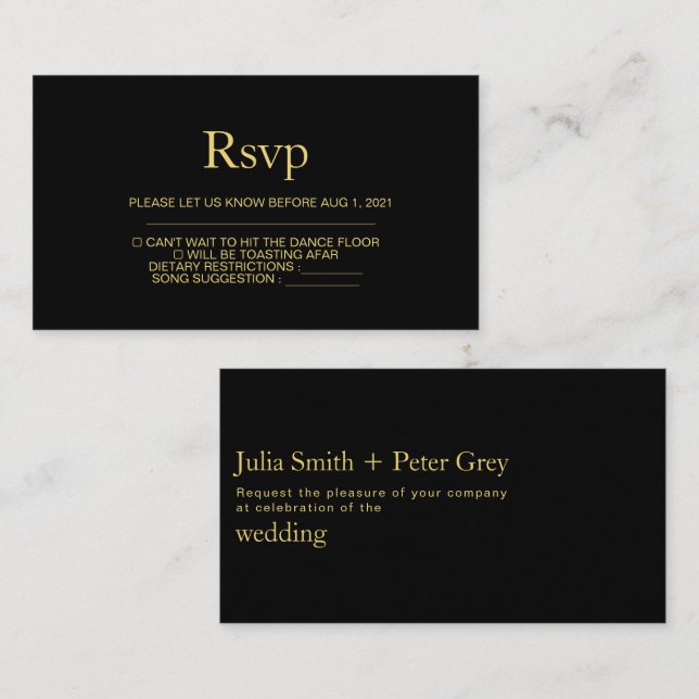 Moderne Black and Gold Wedding Rsvp Card Begleitkarte (Vorne/Hinten)