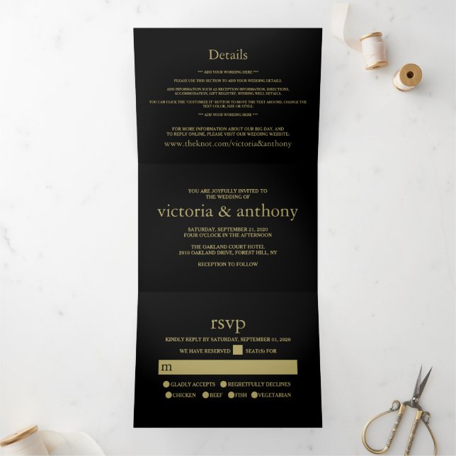 Moderne Black and Gold Wedding Suite Dreifach Gefaltete Einladung (Innenseite)