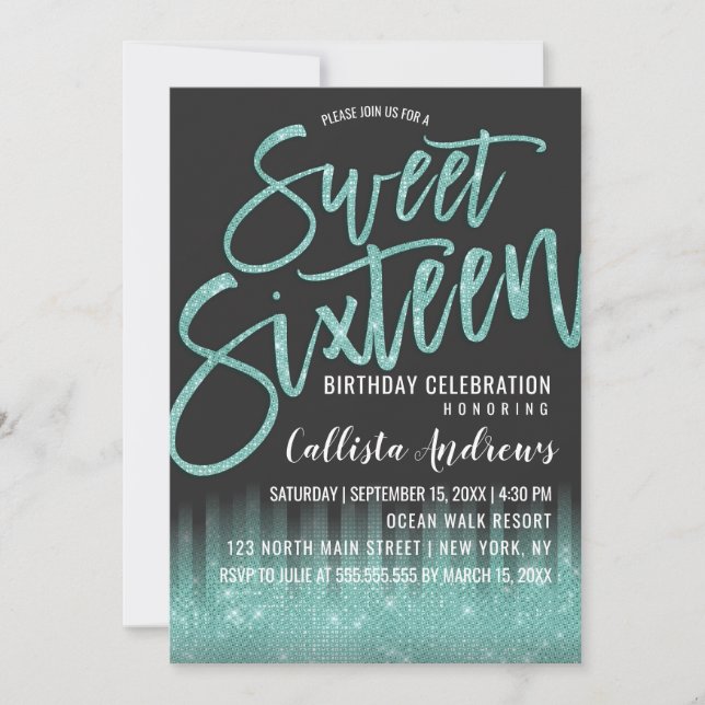 Moderne Black Aqua Glitzer Typografie Sweet 16 Einladung (Vorderseite)