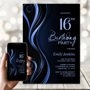 Moderne Black Blue 16. Geburtstagsparty Einladung