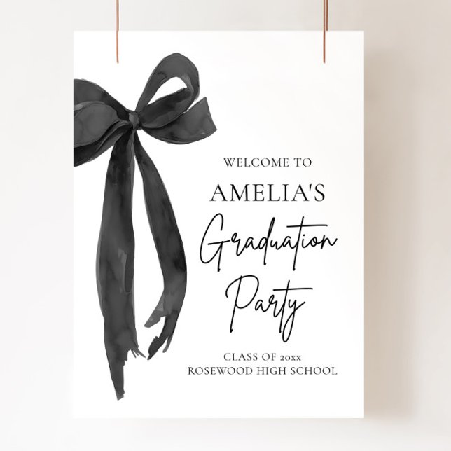 Moderne Black Bow Coquette Graduation Party Willko Poster (Modern Black Bow Coquette Graduation Party Welcome Poster)