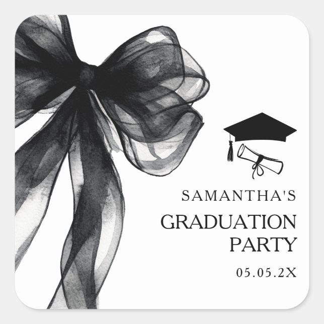 Moderne Black Bow Graduation Party Quadratischer Aufkleber (Vorderseite)