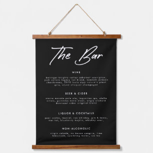 Moderne Black Calligraphy Drinks Wedding Bar Menu Wandteppich Mit Holzrahmen