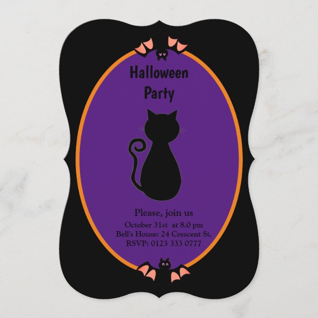 Moderne Black Cat & Bats Halloween Einladung (Vorderseite)