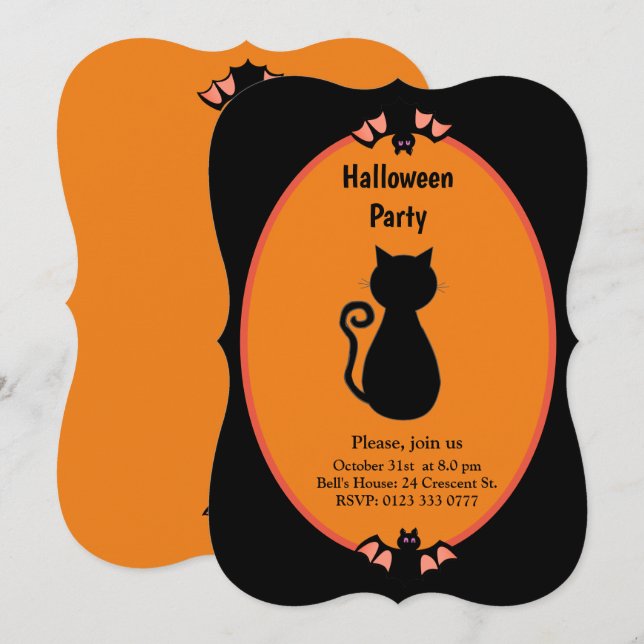 Moderne Black Cat & Bats Halloween Einladung (Vorne/Hinten)