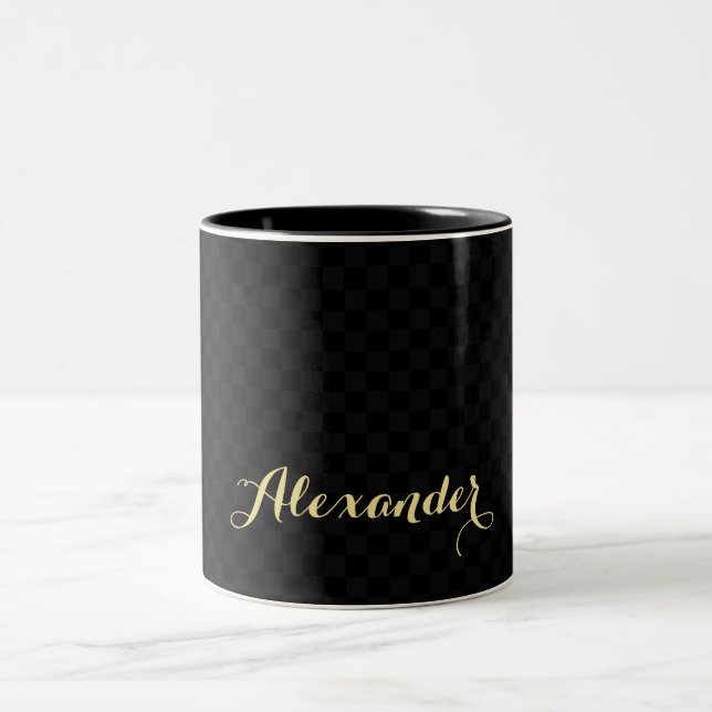 Moderne Black Checkered Chic Elegante Imitate Gold Zweifarbige Tasse (Mittel)