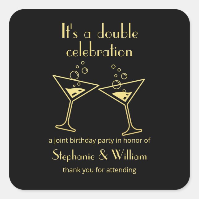 Moderne Black Double Celebration Joint Geburtstag Quadratischer Aufkleber (Vorderseite)