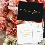 Moderne Black Elegante Imitate Gold Script Vielen  Postkarte<br><div class="desc">Erstellen Sie Ihre eigene individuelle,  personalisierte,  moderne elegante Dankeschön Postcard. Geben Sie einfach Ihre Nachricht ein / vielen Dank. Elegante Dankeschön an die Postkarte für die Verwendung bei Hochzeit,  Heiratsjubiläum,  Geburtstag,  Abschluss,  Brautparty,  Babydusche,  Feiertagen,  oder alle anderen besondere Anlass bezogenen Mailings.</div>