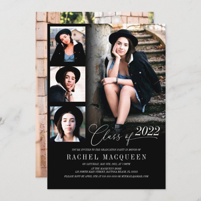 Moderne Black Five Foto Collage Graduation Party Einladung (Vorne/Hinten)