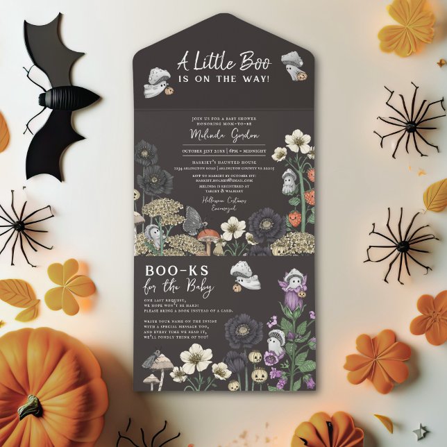 Moderne Black Floral Ghosts Halloween Kinderdusche All In One Einladung (A little boo is on the way black Halloween baby shower invitations with flowers and mushroom ghosts.)