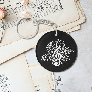 Moderne Black Floral Treble Clef Musik Schlüsselanhänger