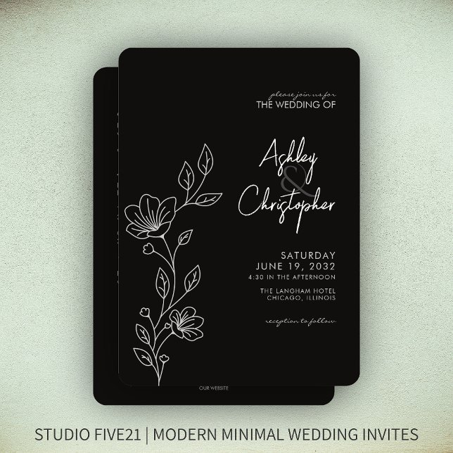 Moderne Black Foliage Kontur All-in-One Hochzeit Einladung (Von Creator hochgeladen)