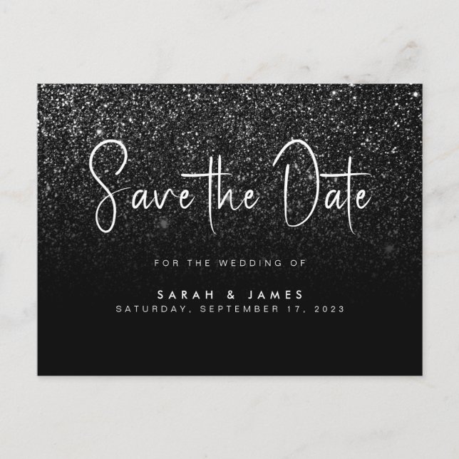 Moderne Black Glitzer Chic Wedding Save the Date Ankündigungspostkarte (Vorderseite)