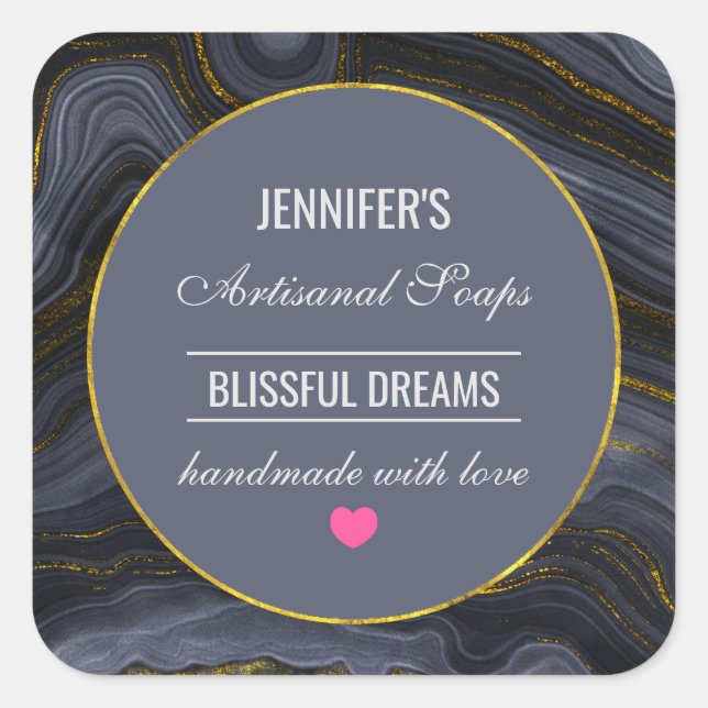 Moderne Black & Gold Agate Abstrakt Soap Quadratischer Aufkleber (Vorderseite)