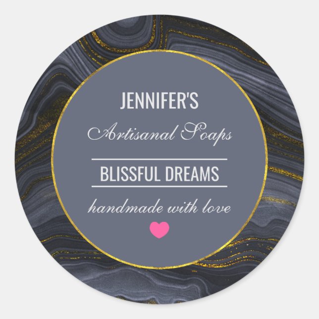 Moderne Black & Gold Agate Abstrakt Soap Runder Aufkleber (Vorderseite)