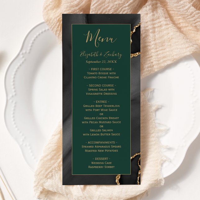 Moderne Black Gold Agate Emerald Green Wedding Menükarte (Von Creator hochgeladen)