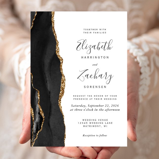 Moderne Black Gold Agate Hochzeit Einladung (An elegant way to invite friends and family to share your special day.)