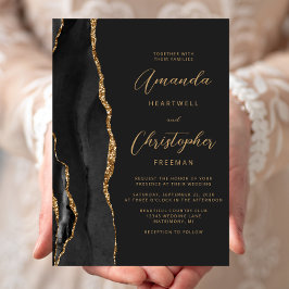 Moderne Black Gold Agate Script Hochzeit Einladung