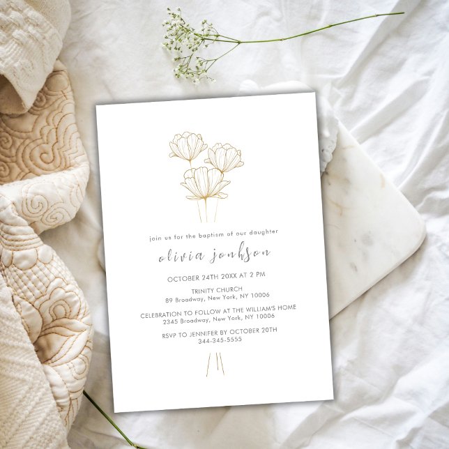 Moderne Black Gold Blume Christening Girl Taufe Einladung (Modern Black Gold Flower Christening Girl Baptism Invitation)