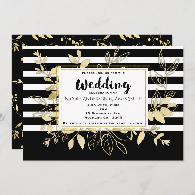 Moderne Black Gold Botanical Glamour Chic Wedding Einladung (Vorne/Hinten)