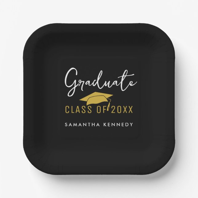 Moderne Black & Gold Class 2025 Graduation Cap Pappteller (Vorderseite)
